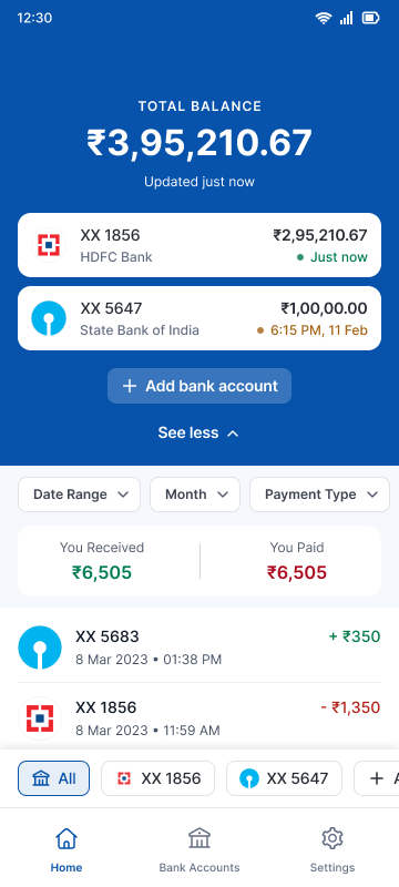 Passbook Pro app showing total bank balance and linked accounts